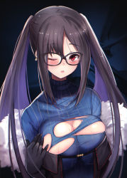 Rule 34 | 1girl, akuta hinako, black-framed eyewear, black dress, black gloves, black hair, blue sweater, blush, breasts, cleavage, dress, ear piercing, earrings, fate/grand order, fate (series), glasses, glint, gloves, hair between eyes, highres, jewelry, large breasts, long hair, looking at viewer, one eye closed, open mouth, piercing, red eyes, sidelocks, skindentation, solo, sweater, torn clothes, torn sweater, turtleneck, twintails, untue, upper body, very long hair, yu mei-ren (first ascension) (fate)
