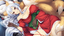 Rule 34 | 1girl, animal ears, animal hands, artist request, breasts, couch, eyeshadow, facial mark, fox ears, fox tail, game cg, hair ornament, kitsune, large breasts, long hair, looking at viewer, lying, makeup, monster musume no iru nichijou, monster musume no iru nichijou online, multiple tails, nail polish, official art, on back, pink nails, solo, tail, thick eyebrows, thigh strap, very long hair, whiskers, white hair, yellow eyes, youko (monster musume)