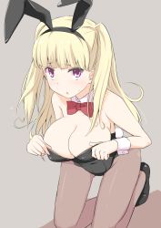 Rule 34 | 1girl, animal ears, bare shoulders, blonde hair, blush, breasts, cleavage, detached collar, fake animal ears, kichihachi, kneeling, large breasts, long hair, looking at viewer, open mouth, pantyhose, playboy bunny, purple eyes, rabbit ears, solo, tokyo 7th sisters, two side up, uesugi u. kyouko, wrist cuffs