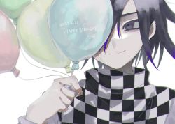 Rule 34 | 1boy, balloon, checkered clothes, checkered neckwear, checkered scarf, closed mouth, danganronpa (series), danganronpa v3: killing harmony, dated, hand up, happy birthday, highres, holding, joh pierrot, looking at viewer, male focus, oma kokichi, portrait, purple eyes, scarf, short hair, smile, solo, upper body