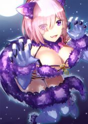 Rule 34 | 1girl, animal ears, bare shoulders, blush, breasts, claw pose, claws, elbow gloves, fate/grand order, fate (series), full moon, fur-trimmed gloves, fur-trimmed legwear, fur collar, fur trim, gloves, hair over one eye, halloween costume, hiiragi (karashriker), lace, lace-trimmed legwear, lace trim, large breasts, leaning forward, light purple hair, looking at viewer, mash kyrielight, mash kyrielight (dangerous beast), moon, night, night sky, o-ring, o-ring top, official alternate costume, open mouth, purple eyes, purple gloves, purple legwear, revealing clothes, short hair, sky, smile, solo, tail, thighs, wolf ears, wolf girl, wolf tail