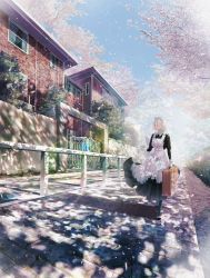 Rule 34 | 1girl, absurdres, apron, building, cherry blossoms, dappled sunlight, day, gate, gloves, highres, holding, huge filesize, lens flare, letter, maid, maid apron, maid headdress, medium hair, original, outdoors, railing, scenery, solo, sonna watashi, suitcase, sunlight, tree, walking, white gloves, white hair