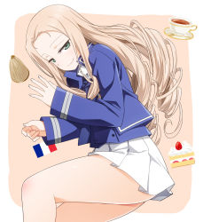 Rule 34 | 1girl, bc freedom military uniform, blonde hair, blue jacket, blue vest, cake, commentary, cup, drill hair, food, french flag, fruit, girls und panzer, green eyes, high collar, highres, jacket, long hair, long sleeves, looking at viewer, marie (girls und panzer), pleated skirt, skirt, smile, solo, strawberry, tea, teacup, thighs, umekichi, vest, white skirt