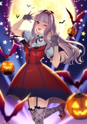 Rule 34 | 1girl, absurdres, drowning milk, fingerless gloves, gloves, halloween, highres, idolmaster, looking at viewer, my dear vampire, one eye closed, open mouth, shijou takane, short sleeves, smile, solo, white hair