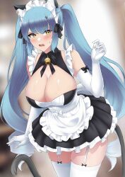 Rule 34 | 1girl, absurdres, animal ears, apron, black dress, blue hair, blush, breasts, cat ears, cat tail, dress, drill hair, elbow gloves, fake animal ears, fake tail, gloves, goddess of victory: nikke, highres, jesscavt, large breasts, legwear garter, light blue hair, long hair, maid, maid headdress, neck bell, official alternate costume, paw hair ornament, privaty (nikke), privaty (unkind maid) (nikke), skindentation, solo, sweatdrop, tail, thighhighs, twin drills, twintails, very long hair, white apron, white gloves, white thighhighs, yellow eyes