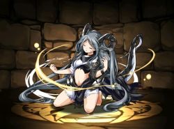 Rule 34 | 1girl, artist request, barefoot, closed eyes, facial mark, female focus, firemu (p&amp;d), gradient background, grey hair, horns, kneeling, long hair, midriff, navel, official art, puzzle &amp; dragons, solo, tail, very long hair
