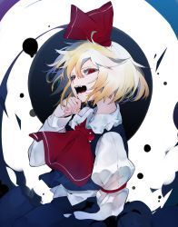 Rule 34 | 1girl, ascot, black skirt, blonde hair, blood, blood from mouth, blouse, bow, commentary request, darkness, dress shirt, fangs, hair between eyes, hair bow, hair ribbon, hand on own chin, highres, ikurauni, long sleeves, looking at viewer, open mouth, red ascot, red bow, red eyes, red ribbon, ribbon, rumia, shirt, short hair, skirt, solo, teeth, touhou, two-tone background, vest, white shirt, wing collar