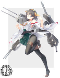 Rule 34 | 10s, 1girl, absurdres, bare shoulders, black pantyhose, blue eyes, blush, boots, brown hair, clenched hand, detached sleeves, hairband, headgear, hiei (kancolle), highres, japanese clothes, kantai collection, nontraditional miko, pantyhose, parted lips, plaid, plaid skirt, short hair, simple background, skirt, smile, solo, thigh boots, thighhighs, thighhighs over pantyhose, zi se