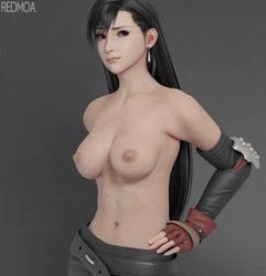 Rule 34 | 1girl, 3d, animated, animated gif, artist name, belly, belt, black belt, black gloves, black hair, black skirt, bouncing breasts, breast expansion, breasts, elbow gloves, final fantasy, final fantasy vii, fingerless gloves, gloves, grey background, hands on own hips, jiggle, large breasts, long hair, low-tied long hair, lowres, materia, medium breasts, multicolored clothes, multicolored gloves, nipples, pencil skirt, red eyes, red gloves, redmoa, skirt, smirk, square enix, struggling, tagme, talking, tifa lockhart, topless, uncensored