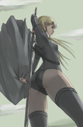 Rule 34 | 1girl, ass, blonde hair, cape, claymore (series), claymore (sword), cowboy shot, crotch, cynthia (claymore), female focus, from behind, from below, legs apart, leotard, long hair, looking back, low twintails, outdoors, sky, solo, standing, sword, tea (nakenashi), thighhighs, thighs, twintails, weapon
