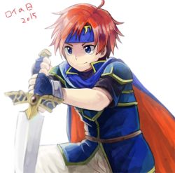 Rule 34 | &gt;:), 10s, 1boy, 2015, armor, blue eyes, blue gloves, cape, fingerless gloves, fire emblem, fire emblem: the binding blade, gloves, harukawa, harukawa (aonori1022), headband, holding, holding sword, holding weapon, lowres, male focus, nintendo, pants, red hair, reverse grip, roy (fire emblem), shirt, smile, solo, sword, v-shaped eyebrows, weapon, white background