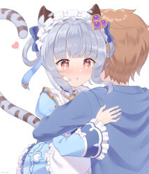 Rule 34 | @ @, absurdres, alternate costume, alternate hairstyle, amaama (user mepv2353), animal ears, blue hair, brown eyes, brown hair, cidala (granblue fantasy), commentary request, enmaided, fang, gran (granblue fantasy), granblue fantasy, hair between eyes, hair ornament, hair rings, heart, heart-shaped pupils, highres, hug, maid, maid headdress, open mouth, ribbon, simple background, symbol-shaped pupils, tail, tiger ears, tiger tail, white background