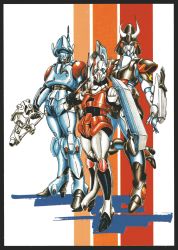 Rule 34 | 1980s (style), 3girls, arming doublet, armor, army, atac, beam rifle, body armor, choujikuu kidan southern cross, commentary request, concealed weapon, derivative work, energy gun, faceplate, gloves, gmp, helmet, highres, japanese armor, jeanne francaix, kabuto (helmet), lana isavia, machinery, mary angel, mecha, military, military uniform, multiple girls, oldschool, oxygen mask, pilot, pilot suit, power suit, radio antenna, retro artstyle, robot, robotech, scan, science fiction, shadow, shield, shoulder armor, sketch, soldier, strap, sword, tasc, thrusters, traditional media, tube, uniform, weapon, yui yuasa (yui1107)