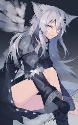 Rule 34 | 1girl, animal ears, arknights, bare legs, black coat, black dress, black footwear, black gloves, boots, coat, commentary request, dress, gloves, grey background, grey eyes, grin, highres, knee up, lappland (arknights), lappland (refined horrormare) (arknights), long hair, looking at viewer, looking to the side, official alternate costume, one-hour drawing challenge, open clothes, open coat, sasa onigiri, scar, scar across eye, scar on face, sharp teeth, shirt, short dress, silver hair, sitting, smile, solo, teeth, white shirt, wolf ears