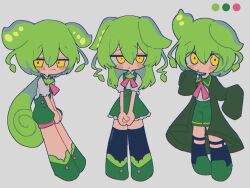 Rule 34 | 1girl, :3, :t, alternate hair length, alternate hairstyle, black socks, black thighhighs, blush, brooch, chibi, closed mouth, coat, color guide, commentary request, full body, furrowed brow, green coat, green footwear, green sailor collar, green shorts, green skirt, grey background, grey shirt, half-closed eyes, jewelry, jitome, kneehighs, legwear garter, long hair, long sleeves, looking at viewer, low ponytail, multiple views, neck ribbon, open mouth, own hands together, pink ribbon, pout, puffy short sleeves, puffy shorts, puffy sleeves, raised eyebrows, ribbon, sailor collar, shiba inu (j1piwzrj8xdzywk), shirt, shirt tucked in, shoes, short hair, short sleeves, shorts, simple background, skirt, sleeves past fingers, sleeves past wrists, socks, suspender shorts, suspender skirt, suspenders, thighhighs, v arms, very long hair, voicevox, yellow eyes, zundamon