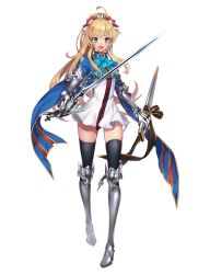Rule 34 | 1girl, armor, armored boots, artist request, bad id, bad twitter id, black thighhighs, blonde hair, blue eyes, boots, bow, bowtie, dress, full body, gauntlets, gloves, grey footwear, hair ornament, holding, holding weapon, jacket, knee boots, looking at viewer, luna princess, armored boots, official art, open mouth, ponytail, sheath, short dress, smile, solo, standing, sword, tenshi mikadokuni, thighhighs, weapon, zettai ryouiki