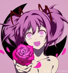 Rule 34 | 1girl, :d, breasts, brown ribbon, cleavage, collarbone, crescent moon, flower, hair between eyes, hair ribbon, holding, holding flower, kaname madoka, long hair, looking at viewer, mahou shoujo madoka magica, mahou shoujo madoka magica (anime), moon, nightlight0909, nude, open mouth, pink eyes, portrait, purple background, purple flower, purple hair, purple rose, ribbon, rose, simple background, small breasts, smile, solo, twintails, twitter username