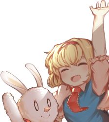 Rule 34 | :&gt;, :d, alice margatroid, arm up, blonde hair, blue dress, blush, capelet, closed eyes, collared capelet, commentary request, cookie (touhou), dress, frilled hairband, frilled neckwear, frilled sleeves, frills, hairband, highres, ichigo (cookie), necktie, okasan01, open mouth, red hairband, red necktie, shirt, short hair, short sleeves, simple background, sleeveless, sleeveless dress, smile, stuffed animal, stuffed rabbit, stuffed toy, touhou, upper body, white background, white capelet, white shirt