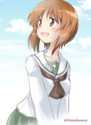Rule 34 | 10s, 1girl, black neckerchief, blouse, brown eyes, brown hair, cloud, cloudy sky, day, girls und panzer, green skirt, long sleeves, looking to the side, nakasawa kei, neckerchief, nishizumi miho, ooarai school uniform, open mouth, outdoors, pleated skirt, school uniform, serafuku, shirt, short hair, skirt, sky, smile, solo, standing, twitter username, upper body, v arms, white shirt