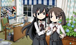 Rule 34 | asashio (kancolle), asashio (kancolle) (cosplay), belt, black eyes, black hair, bottle, brown hair, chair, character request, clenched hand, commentary, cosplay, desk, dress, fairy (kancolle), fish, flower, hand on another&#039;s arm, hand on another&#039;s shoulder, kantai collection, lamp, long hair, long sleeves, pinafore dress, ryuujou (kancolle), saury, sixten, sleeveless, sleeveless dress, smile, twintails, window
