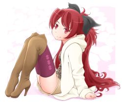 Rule 34 | 10s, 1girl, alternate costume, boots, high heels, highres, knee boots, long hair, mahou shoujo madoka magica, mahou shoujo madoka magica (anime), panties, red eyes, red hair, sakura kyoko, shoes, sitting, smile, solo, thigh boots, thighhighs, thighhighs under boots, underwear, wa (genryusui)