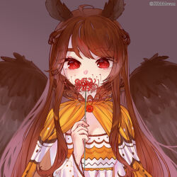 Rule 34 | 1girl, ahoge, animal ears, artist name, bird ears, bird wings, black wings, braid, breasts, brown hair, buttons, cape, cleavage, collared cape, commentary, commission, covered mouth, dress, english commentary, eyelashes, feathered wings, flower, holding, holding flower, kikkidream, lace, lace-trimmed dress, lace-trimmed sleeves, lace trim, large breasts, long hair, long sleeves, original, purple background, red eyes, side braid, sidelocks, solo, spider lily, straight-on, upper body, white dress, wide sleeves, wings, yellow cape