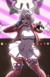 Rule 34 | 1girl, armpits, blue eyes, breasts, choker, cropped jacket, dress, elphelt valentine, finalcake, guilty gear, guilty gear strive, highres, holding, holding microphone, jacket, large breasts, leg belt, looking at viewer, microphone, one eye closed, pink choker, pink jacket, pointing, pointing at viewer, short hair, sideboob, solo, spikes, stage, thighhighs, thighs, white dress, white hair