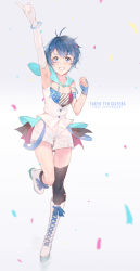 Rule 34 | 1girl, anniversary, arm up, armpits, asymmetrical legwear, bare shoulders, blue eyes, blue hair, breasts, capelet, cleavage, clenched teeth, copyright name, ekao, full body, grin, hair ornament, hairclip, index finger raised, kamishiro sui, leg up, looking at viewer, matching hair/eyes, parted lips, short hair, shorts, single thighhigh, smile, solo, standing, standing on one leg, teeth, thighhighs, tokyo 7th sisters, uneven legwear