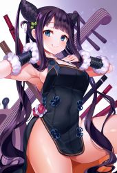 Rule 34 | 1girl, absurdres, armpits, arms up, bad id, bad twitter id, bare shoulders, black dress, blue eyes, blunt bangs, blush, breasts, china dress, chinese clothes, cleavage, closed mouth, detached sleeves, dress, fate/grand order, fate (series), flute, gradient background, hair ornament, hands on own chest, hands up, highres, instrument, large breasts, leaf hair ornament, licking lips, long hair, looking at viewer, no panties, pelvic curtain, pipa (instrument), purple background, purple hair, reel (riru), side slit, sidelocks, smile, solo, thighs, tongue, tongue out, twintails, very long hair, yang guifei (fate), yang guifei (second ascension) (fate)