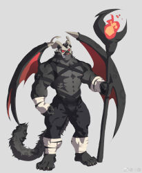 Rule 34 | 1boy, abs, animal ears, bara, black fur, bone mask, chest harness, colored sclera, demon boy, demon wings, fire, furry, furry male, harness, highres, holding, holding staff, horned mask, jaguar boy, jaguar ears, jaguar tail, large pectorals, looking ahead, male focus, mask, muscular, muscular male, nipples, original, pectorals, pyrokinesis, red sclera, rollingstonex6, shaman, short hair, solo, staff, stomach, tail, thick arms, thick tail, thick thighs, thighs, wings