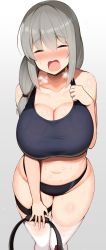 Rule 34 | 1girl, bare shoulders, blush, breasts, cleavage, curvy, grey hair, hair between eyes, hair over shoulder, highres, jakko, large breasts, long hair, low-tied long hair, low tied hair, mature female, navel, open mouth, ring-con, ring fit adventure, solo, sweat, thigh strap, thighhighs, thighs, uzaki-chan wa asobitai!, uzaki tsuki, white thighhighs