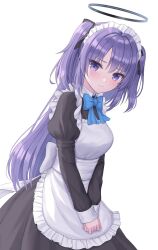 Rule 34 | 1girl, alternate costume, apron, black dress, blue archive, closed mouth, dress, enmaided, frilled apron, frills, halo, highres, light blush, long hair, long sleeves, looking at viewer, maid, maid apron, maid headdress, purple eyes, purple hair, seungju lee, sidelocks, simple background, smile, solo, triangle hair ornament, two side up, white apron, yuuka (blue archive)