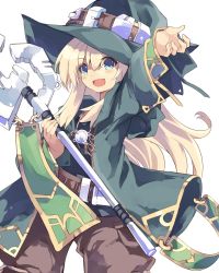 Rule 34 | 1girl, absurdres, blonde hair, blue eyes, blush, character request, hat, highres, long hair, looking at viewer, normaland, open mouth, robe, smile, solo, staff, witch hat