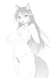 Rule 34 | animal ears, armpits, bare shoulders, blush, breasts, crop top, fangs, flower, flower hair ornament, gs16 (chug), hand on own chest, hand on own crotch, highres, jourjii, large breasts, long hair, looking at viewer, midriff, monochrome, multicolored hair, nipples visible through clothes, open mouth, panties, silvervale, tail, tank top, thick thighs, thighs, two-tone hair, underwear, virtual youtuber, vshojo, white background, wolf ears, wolf girl, wolf tail