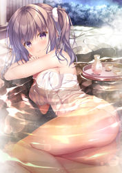 Rule 34 | 1girl, ass, bare arms, bare shoulders, blush, breasts, brown hair, choko (cup), closed mouth, commentary request, cup, feet out of frame, looking at viewer, medium breasts, naked towel, onsen, original, partially submerged, purple eyes, smile, solo, takano yuki (allegro mistic), tokkuri, towel, tray, twintails, water