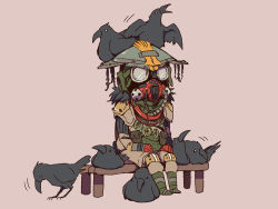 Rule 34 | 1other, ambiguous gender, animal, animal on head, apex legends, beak, bench, bird, bird on head, bloodhound (apex legends), cable, chibi, crow, gas mask, gloves, hands on own thighs, helmet, knee pads, mask, mizu cx, on head, pink background, red gloves, sitting, solo, white eyes
