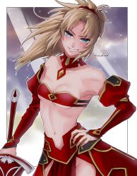 Rule 34 | 1girl, absurdres, ajiko (ajicox), bare shoulders, blonde hair, braid, breasts, choker, clarent (fate), fate/apocrypha, fate/grand order, fate (series), french braid, green eyes, hair ornament, hair scrunchie, hand on own hip, highres, holding, holding sword, holding weapon, looking at viewer, mordred (fate), mordred (fate/apocrypha), navel, ponytail, red scrunchie, scrunchie, small breasts, smile, solo, sword, weapon
