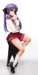 Rule 34 | 1girl, absurdres, ahoge, black footwear, cat, full body, highres, hiiragi kagami, kneehighs, lips, loafers, long hair, long sleeves, looking at viewer, lucky star, novcel, pink neckwear, purple hair, red sailor collar, red skirt, ryouou school uniform, sailor collar, school uniform, serafuku, shoes, sitting, skirt, smile, socks, solo, tsurime, twintails, white background, yellow neckwear