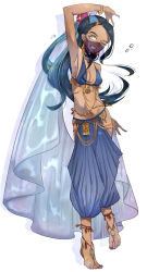 Rule 34 | 1girl, alternate costume, aqua hair, arm behind back, arm up, belly chain, black hair, breasts, cleavage, clenched teeth, clothing request, commentary request, creatures (company), dark-skinned female, dark skin, earrings, echizen (n fns17), feet, full body, game freak, grey eyes, hair bun, highres, jewelry, long hair, makeup, mouth veil, multicolored hair, nail polish, navel, necklace, nessa (pokemon), nintendo, pokemon, pokemon swsh, red nails, single hair bun, smile, solo, teeth, toenail polish, toenails, toes, two-tone hair, veil, white background