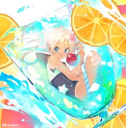 Rule 34 | 10s, 1girl, atsumi jun, blonde hair, blue eyes, cherry, crop top, drink, drinking straw, flower, food, fruit, glass, hair flower, hair ornament, hibiscus, kantai collection, long hair, mini person, minigirl, one-piece swimsuit, one-piece tan, open mouth, orange (fruit), orange slice, oversized object, ro-500 (kancolle), sailor collar, school swimsuit, solo, swimsuit, swimsuit under clothes, tan, tanline