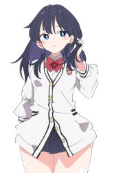 Rule 34 | 1girl, black hair, blue eyes, bow, bowtie, cardigan, closed mouth, commentary request, gridman universe, ixy, long sleeves, medium hair, red bow, red bowtie, simple background, solo, ssss.gridman, takarada rikka, thick thighs, thighs, white background, white cardigan
