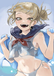 Rule 34 | 1girl, :d, absurdres, bags under eyes, bikini, blonde hair, blue sailor collar, boku no hero academia, crop top, double bun, fangs, fengling (furin-jp), hair bun, highres, holding, holding towel, looking at viewer, messy hair, navel, neckerchief, open mouth, sailor collar, side-tie bikini bottom, slit pupils, smile, solo, swimsuit, thigh strap, toga himiko, towel, white bikini, yellow eyes, yellow neckerchief