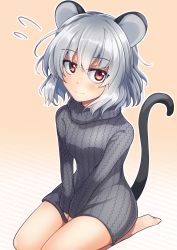 Rule 34 | 1girl, animal ears, ashiroku (miracle hinacle), bad feet, bare legs, barefoot, between legs, breasts, closed mouth, grey hair, grey sweater, hair between eyes, hand between legs, highres, long sleeves, looking at viewer, medium hair, mouse ears, mouse tail, nazrin, red eyes, seiza, sitting, small breasts, solo, sweater, tail, texture, thighs, touhou
