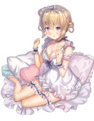 Rule 34 | 1girl, :o, ame sagari, animal ears, armband, bare legs, bear ears, blonde hair, blush, bow, bow choker, bowtie, braided hair rings, breasts, bridal garter, choker, cleavage, clenched hand, collarbone, commentary, double bun, dress, eyelashes, fingernails, frilled armband, frilled dress, frilled garter, frilled hairband, frilled wrist cuffs, frills, full body, hair bun, hair ribbon, hairband, heart, heart-shaped pillow, high heels, highres, large breasts, looking ahead, loungewear, on bed, open mouth, original, pillow, pumps, purple bow, purple bowtie, purple choker, purple eyes, purple garter, purple ribbon, purple wrist cuffs, ribbon, ribbon legwear, short dress, simple background, sitting, sleeveless, sleeveless dress, solo, v-neck, white armband, white background, white dress, white footwear, white hairband, wrist cuffs