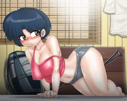 Rule 34 | 1girl, all fours, ass, bare arms, bare legs, bare shoulders, barefoot, black eyes, blue hair, blush, breasts, cleavage, collarbone, covered erect nipples, feet, gul-fuh, indoors, large breasts, legs, looking back, navel, ranma 1/2, short hair, short shorts, shorts, sleeveless, solo, tank top, tendou akane, thighs