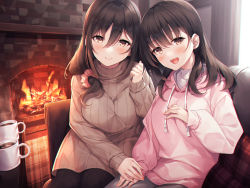 Rule 34 | 2girls, :d, blush, breasts, brown hair, brown sweater, closed mouth, coffee mug, commentary request, couch, cup, fireplace, hair between eyes, hair ornament, hair scrunchie, hand on another&#039;s hand, hand on own thigh, hasumi (hasubatake39), highres, hood, hoodie, indoors, large breasts, long hair, long sleeves, looking at viewer, mug, multiple girls, on couch, open mouth, original, pantyhose, pink hoodie, scrunchie, sitting, smile, sweater
