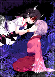 Rule 34 | 2girls, bow, bracelet, dress, eye contact, fang, floral background, hakama, hakama skirt, hands on another&#039;s face, highres, hisame (nekousatan), horns, japanese clothes, jewelry, kijin seija, kimono, light purple hair, looking at another, multicolored background, multicolored hair, multiple girls, obi, petticoat, red eyes, sash, seiza, short hair, short sleeves, sideways, sitting, skirt, sleeves past wrists, slit pupils, sukuna shinmyoumaru, tears, tongue, tongue out, touhou, two-tone hair