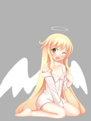 Rule 34 | 1girl, angelia avallone, aq interactive, arcana heart, arcana heart 2, atlus, barefoot, blonde hair, blush, bottomless, child, dress shirt, examu, feet, female focus, flat chest, godharo1, halo, highres, long hair, off shoulder, one eye closed, open mouth, shirt, sitting, sleeves past wrists, smile, very long hair, wariza, wings, wink, yellow eyes