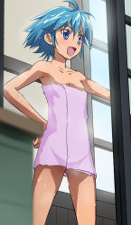 10s 1girl armpits blue_eyes blue_hair breasts cleavage female_focus haruyama_kazunori indoors matching_hair/eyes naked_towel nishijima_waon precure pussy pussy_peek short_hair solo standing suite_precure towel uncensored wet wet_hair