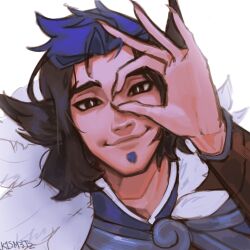 Rule 34 | 1boy, artist name, black hair, blue hair, blush, brown eyes, facial hair, goatee, highres, kisume to, league of legends, looking at viewer, multicolored hair, ok sign, ok sign over eye, portrait, rakan (league of legends), simple background, smile, ssg rakan, two-tone hair, white background